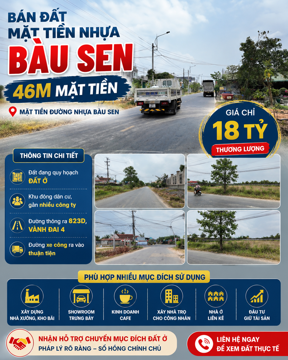 🔥 SIÊU PHẨM ĐẤT MẶT TIỀN NHỰA BÀU SEN – 46M MẶT TIỀN – TIỀM NĂNG TĂNG GIÁ CAO