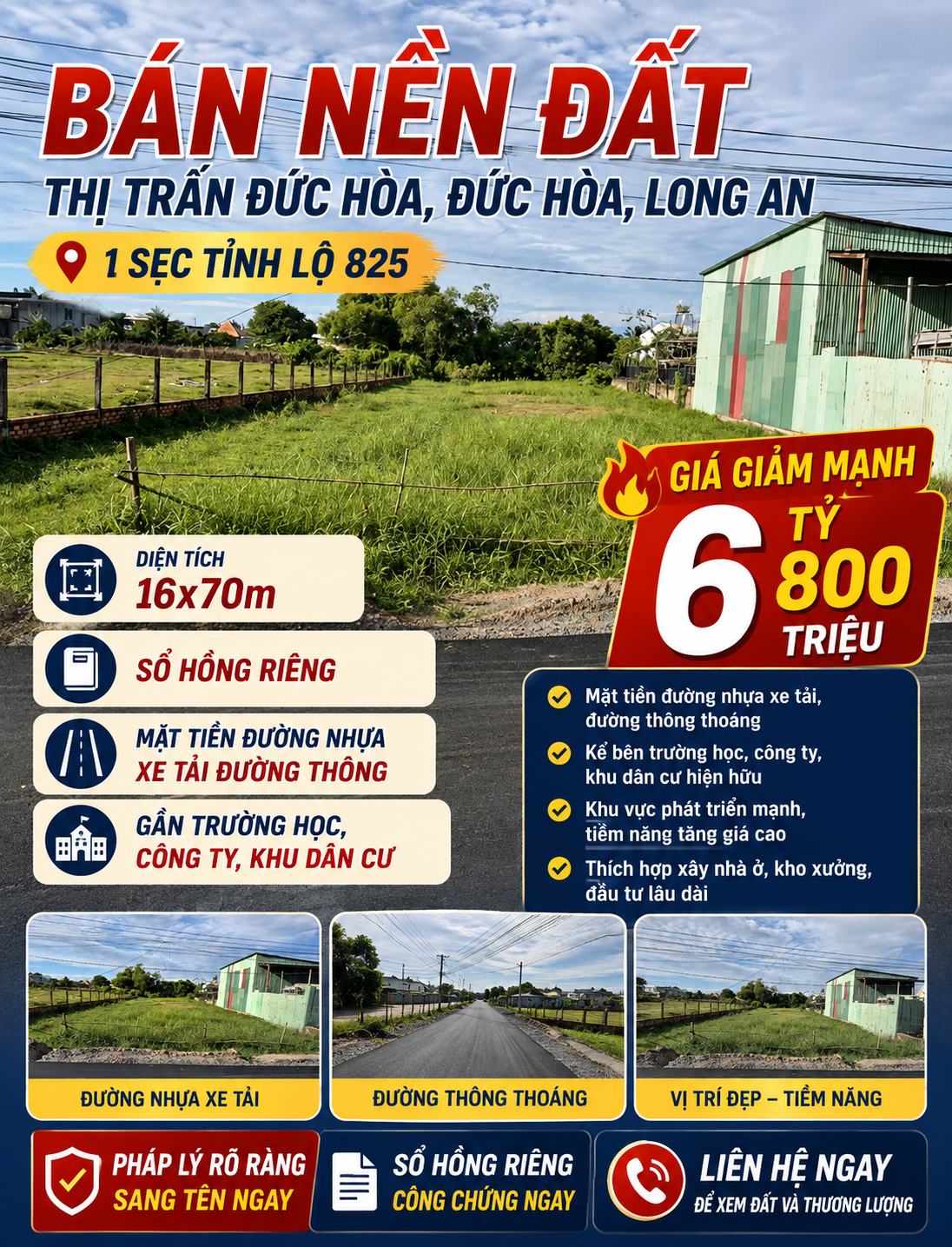 🔥 GIẢM MẠNH CHỈ CÒN 6 TỶ 800 TRIỆU – ĐẤT MẶT TIỀN ĐƯỜNG NHỰA THỊ TRẤN ĐỨC HÒA 🔥
