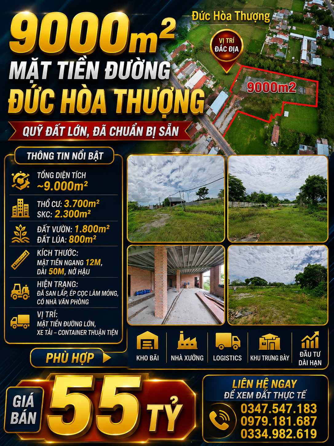 🔥 HÀNG HIẾM ĐỨC HÒA THƯỢNG – 9.000M² MẶT TIỀN ĐƯỜNG LỚN – GIÁ 55 TỶ 🔥