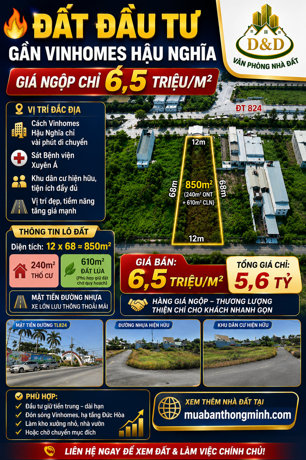 🔥 ĐẤT ĐẦU TƯ GẦN VINHOMES HẬU NGHĨA – GIÁ NGỘP CHỈ 6,5 TRIỆU/M² 🔥