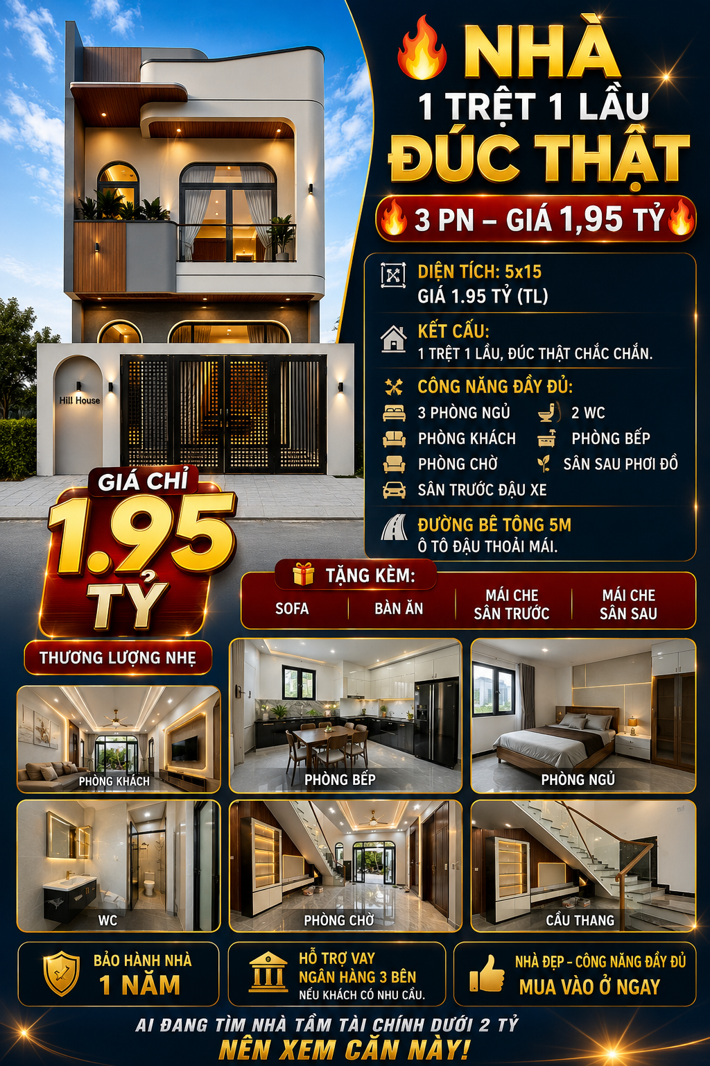 🔥 NHÀ 1 TRỆT 1 LẦU ĐÚC THẬT – 3 PHÒNG NGỦ – GIÁ CHỈ 1,95 TỶ 🔥