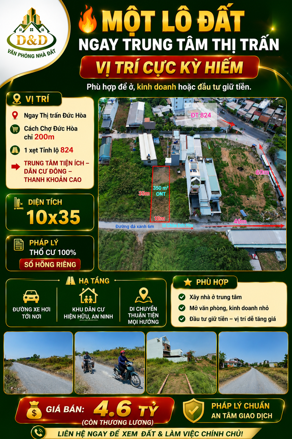 🔥 HÀNG HIẾM TRUNG TÂM ĐỨC HÒA – 10x35m FULL THỔ CƯ – GIÁ 4.6 TỶ 🔥