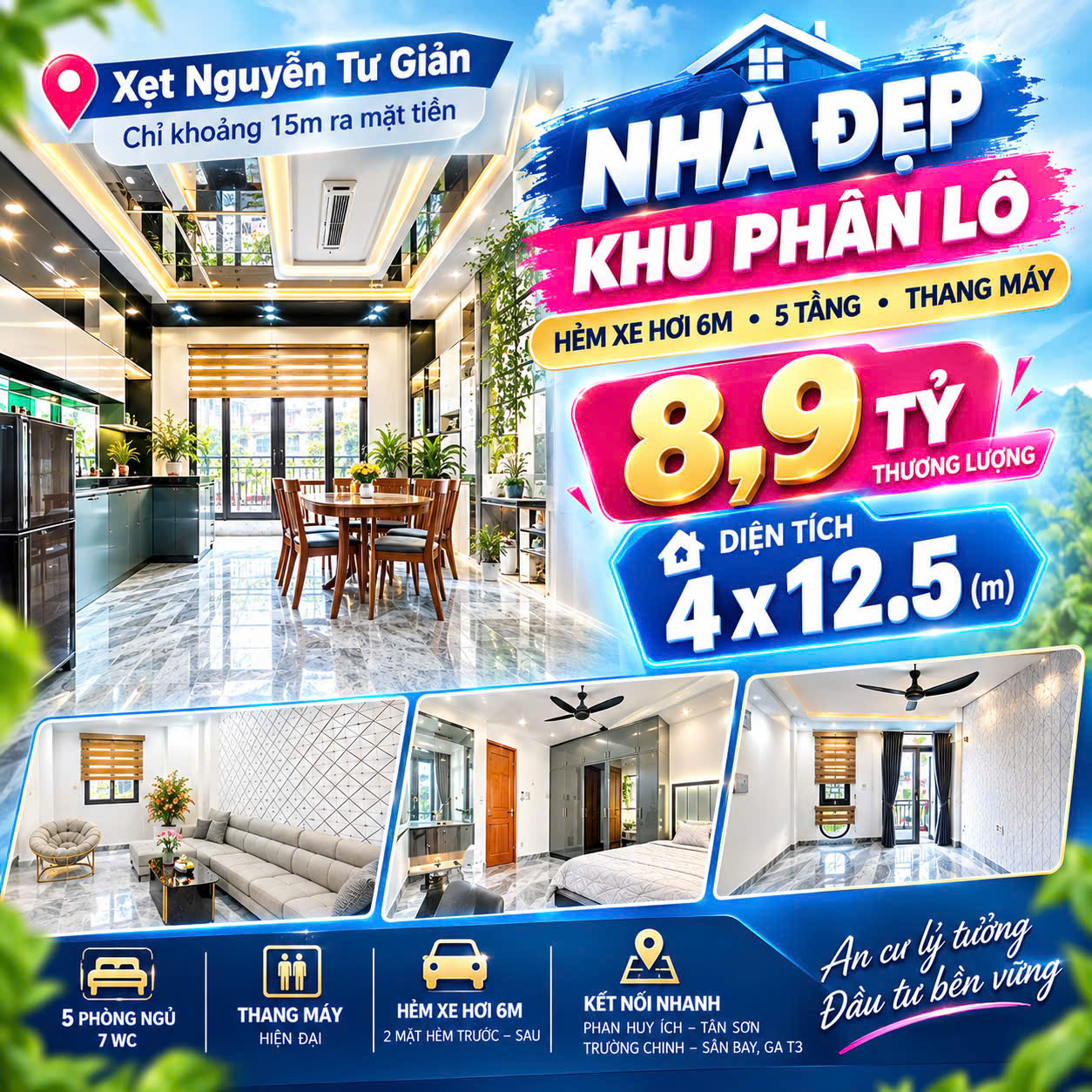 NHÀ ĐẸP KHU PHAN LÔ – XẸT NGUYỄN TƯ GIẢN – 5 TẦNG CÓ THANG MÁY