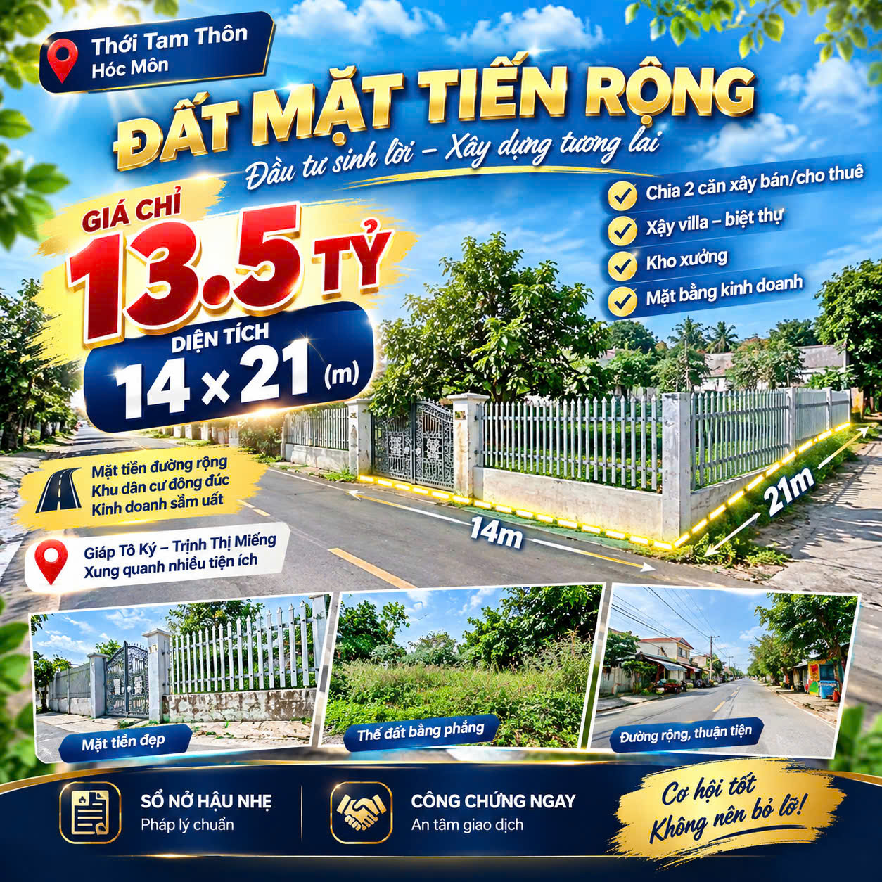 ĐẤT MẶT TIỀN RỘNG – THỚI TAM THÔN, HÓC MÔN – NGANG 14M
