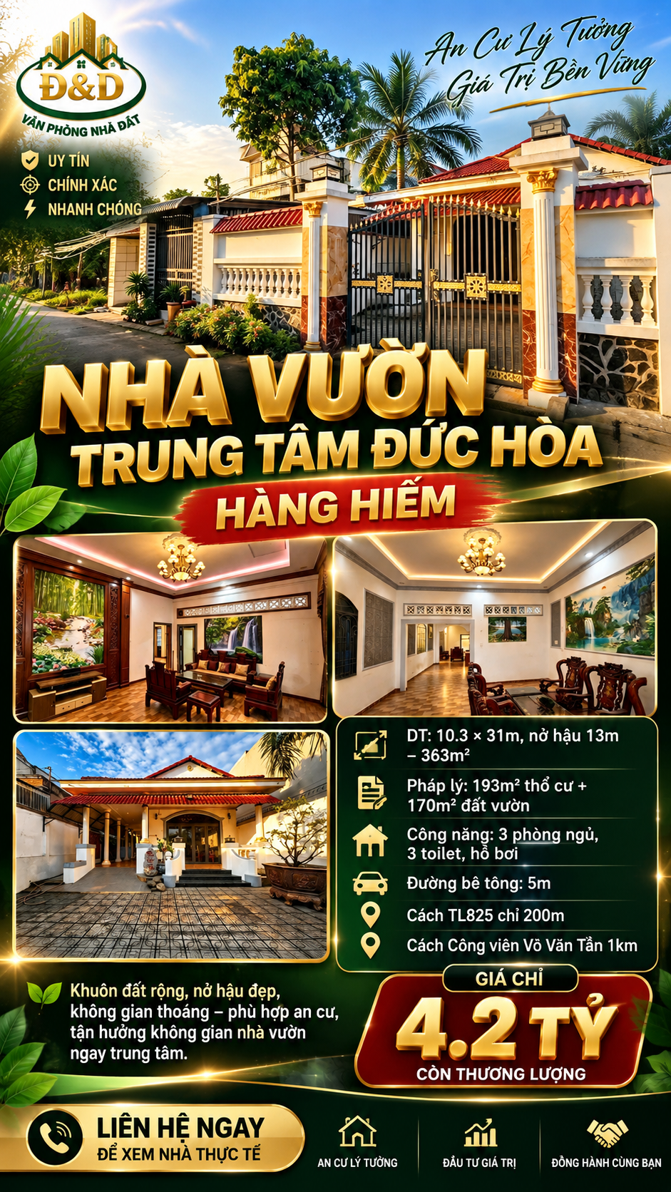 NHÀ VƯỜN TRUNG TÂM ĐỨC HÒA – KHUÔN ĐẤT RỘNG, NỞ HẬU – GIÁ 4,2 TỶ