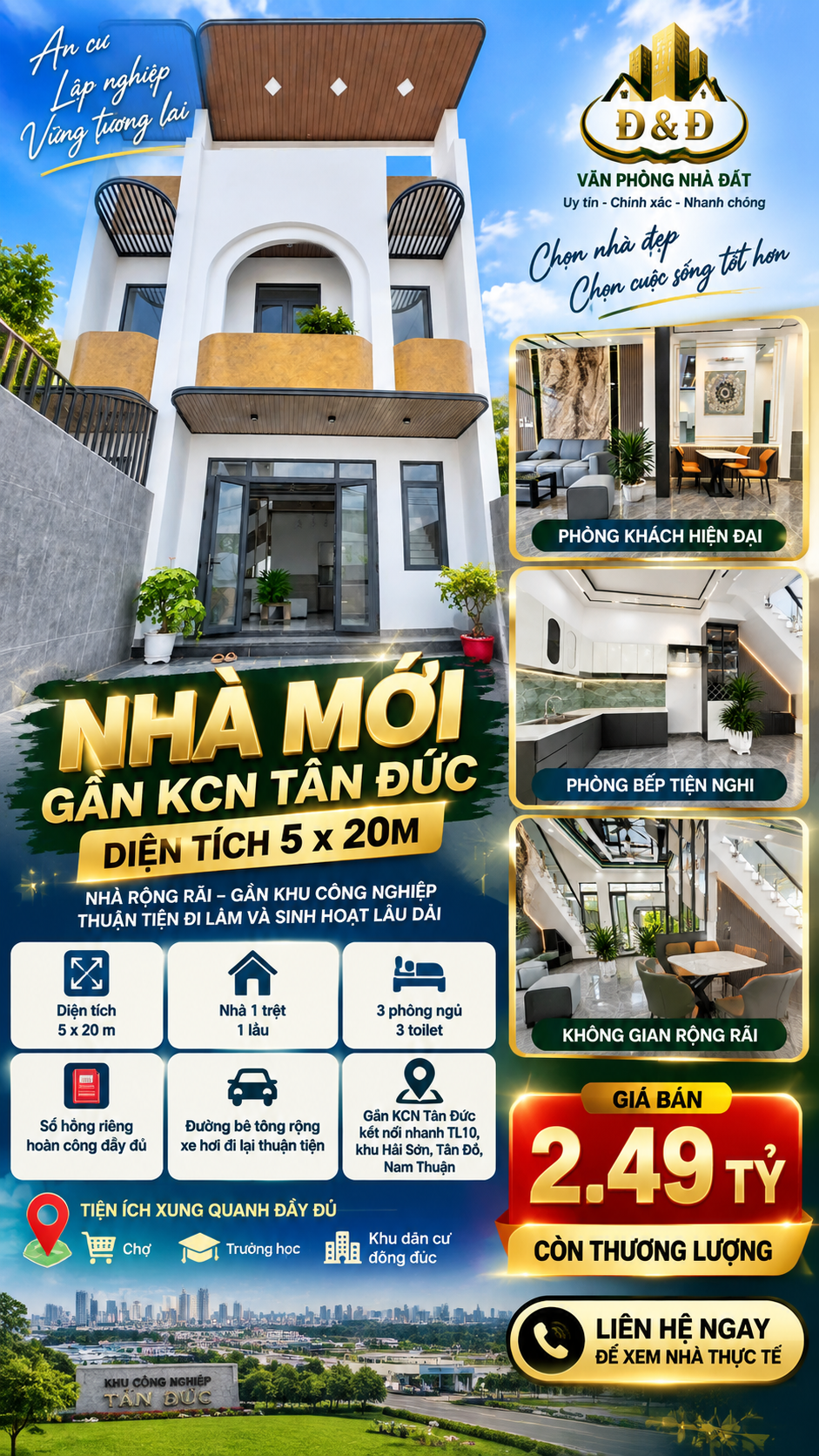 NHÀ MỚI GẦN KCN TÂN ĐỨC – 5×20M – 1 TRỆT 1 LẦU – GIÁ 2,49 TỶ