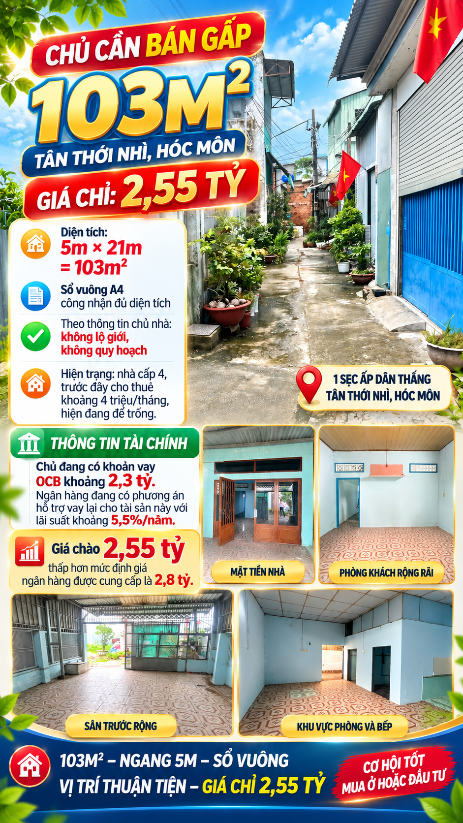 🔥 CHỦ CẦN BÁN GẤP – 103M² – NGANG 5M – GIÁ CHỈ 2,55 TỶ | TÂN THỚI NHÌ, HÓC MÔN