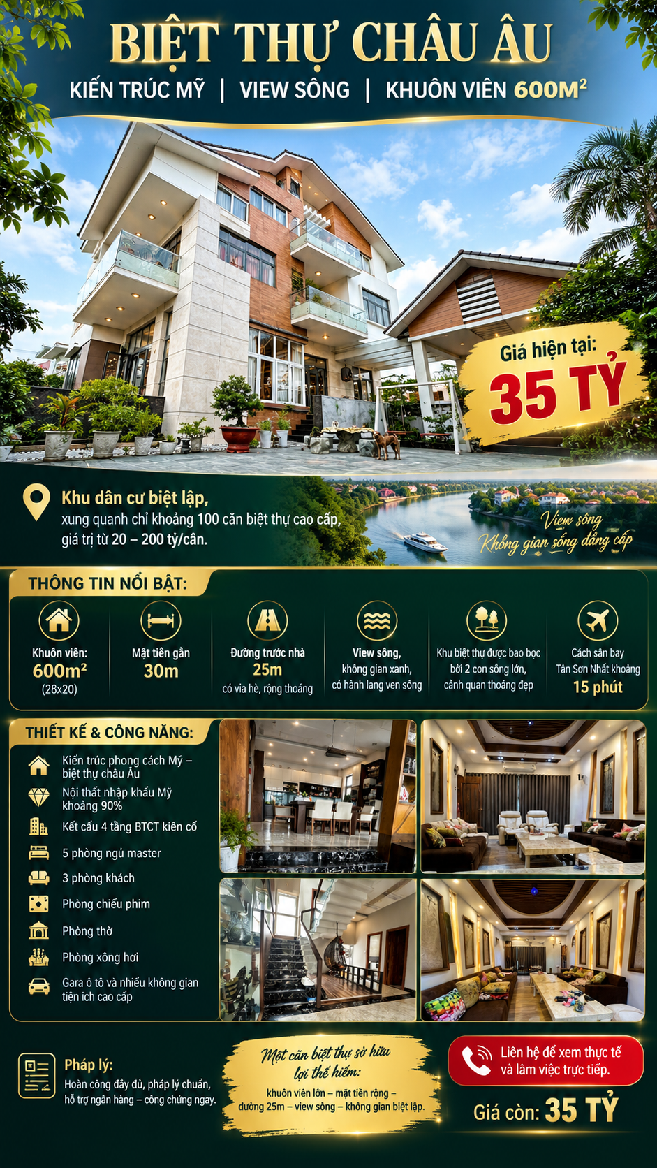 🏡 BIỆT THỰ CHÂU ÂU – KHUÔN VIÊN 600M² – VIEW SÔNG – GIÁ 35 TỶ