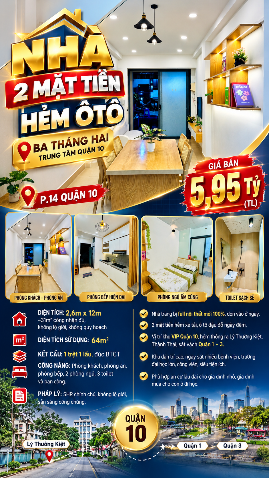 🔥 NHÀ 2 MẶT TIỀN HẺM Ô TÔ – BA THÁNG HAI – TRUNG TÂM QUẬN 10 | 5,95 TỶ TL