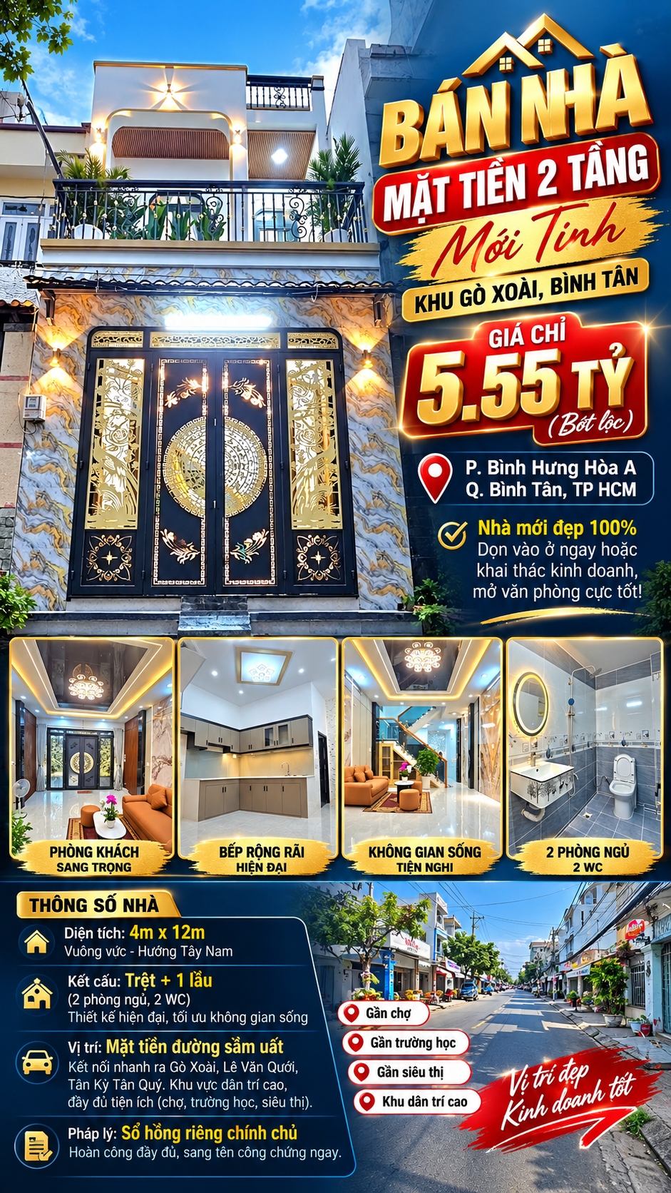 🔥 BÁN NHÀ MẶT TIỀN 2 TẦNG MỚI TINH – KHU GÒ XOÀI, BÌNH TÂN 🔥 💰 GIÁ CHỈ 5,55 TỶ – NHÀ MỚI 100%