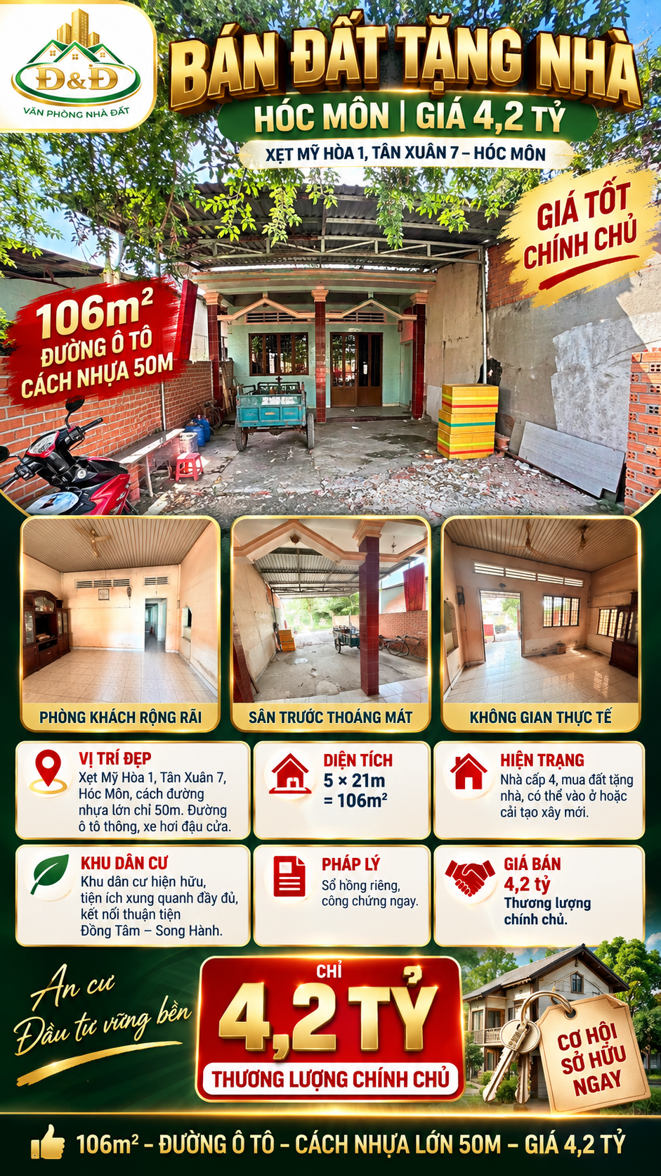 BÁN ĐẤT TẶNG NHÀ – HÓC MÔN – 106M² – GIÁ 4,2 TỶ