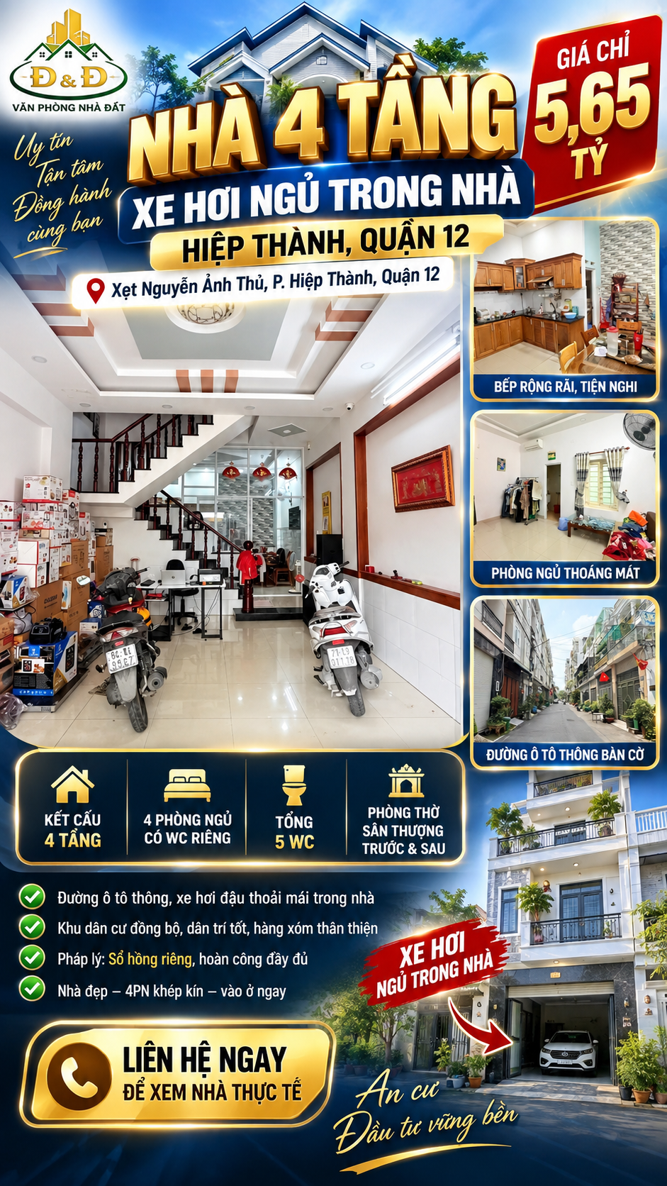 NHÀ 4 TẦNG HIỆP THÀNH – QUẬN 12 | XE HƠI NGỦ TRONG NHÀ – GIÁ 5,65 TỶ