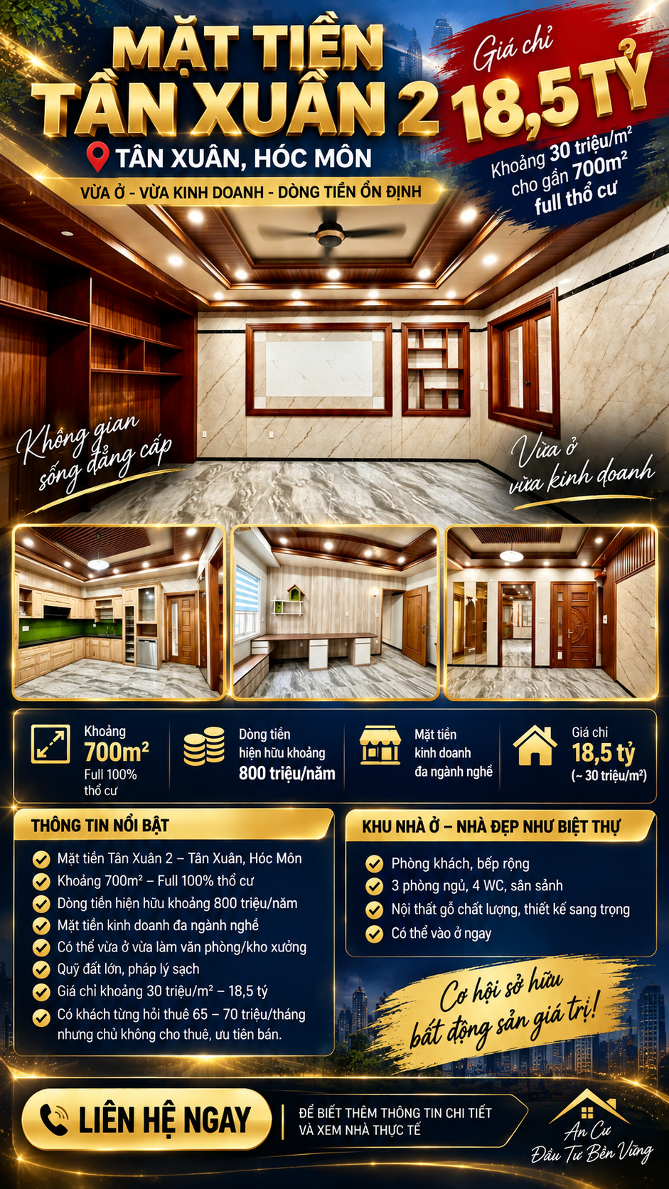 MẶT TIỀN TÂN XUÂN 2 – HÓC MÔN | GẦN 700M² FULL THỔ CƯ – GIÁ 18,5 TỶ