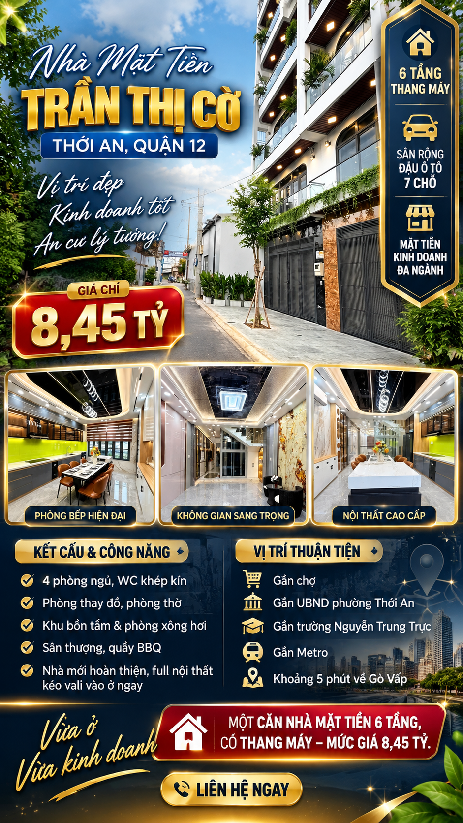NHÀ MẶT TIỀN TRẦN THỊ CỜ – THỚI AN, QUẬN 12 | 6 TẦNG – THANG MÁY – GIÁ 8,45 TỶ