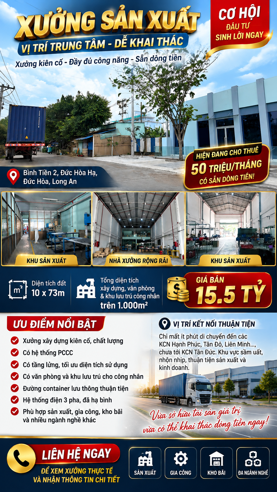 BÁN XƯỞNG SẢN XUẤT – BÌNH TIỀN 2, ĐỨC HÒA HẠ | ĐANG CÓ DÒNG TIỀN 50 TRIỆU/THÁNG