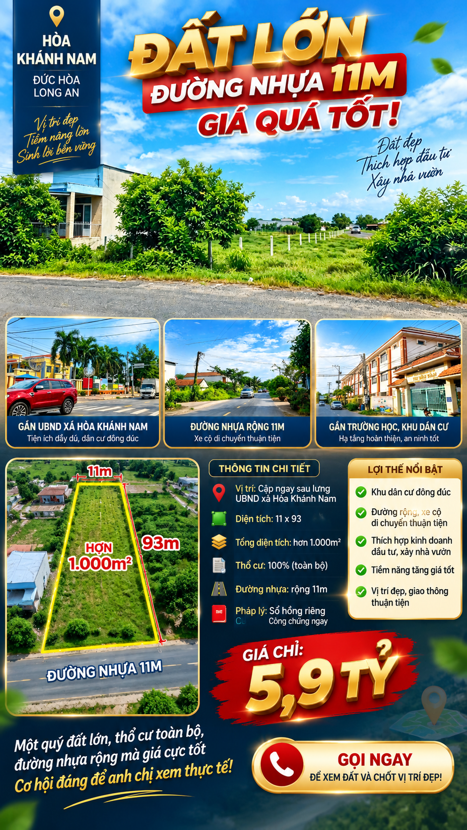 ĐẤT LỚN HƠN 1.000M² – FULL THỔ CƯ – ĐƯỜNG NHỰA 11M | HÒA KHÁNH NAM, ĐỨC HÒA