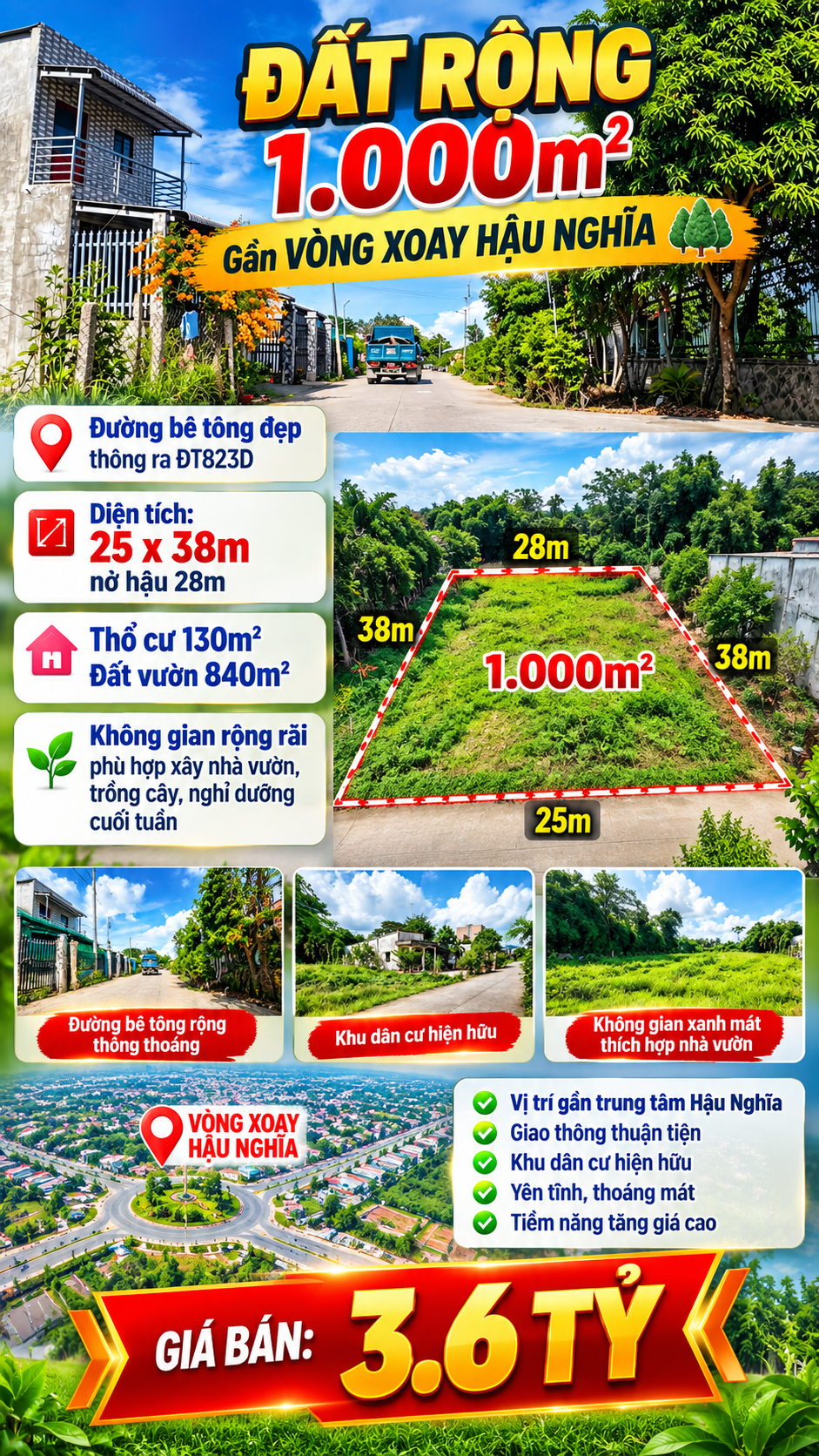 🔥🔥 CHÍNH CHỦ GỬI BÁN ĐẤT GẦN VÒNG XOAY HẬU NGHĨA – GẦN 1.000M² – GIÁ CHỈ 3,6 TỶ! 🔥🔥