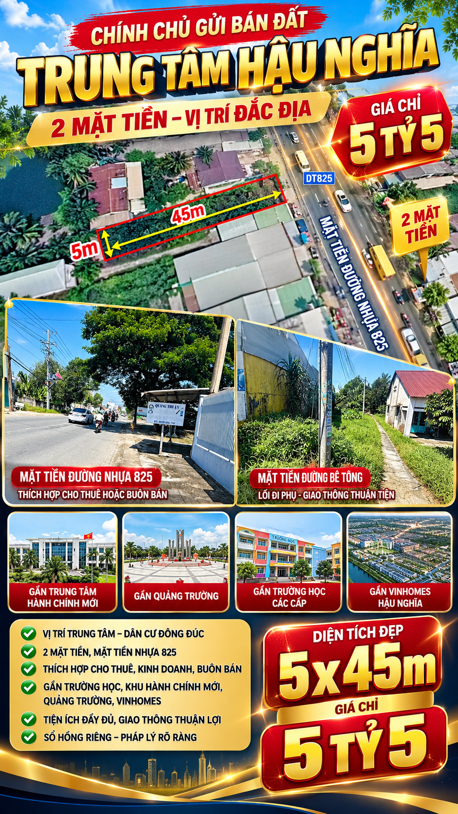 🔥 HÀNG HIẾM TRUNG TÂM HẬU NGHĨA – ĐẤT 2 MẶT TIỀN ĐT825 – GIÁ CHỈ 5,5 TỶ 🔥