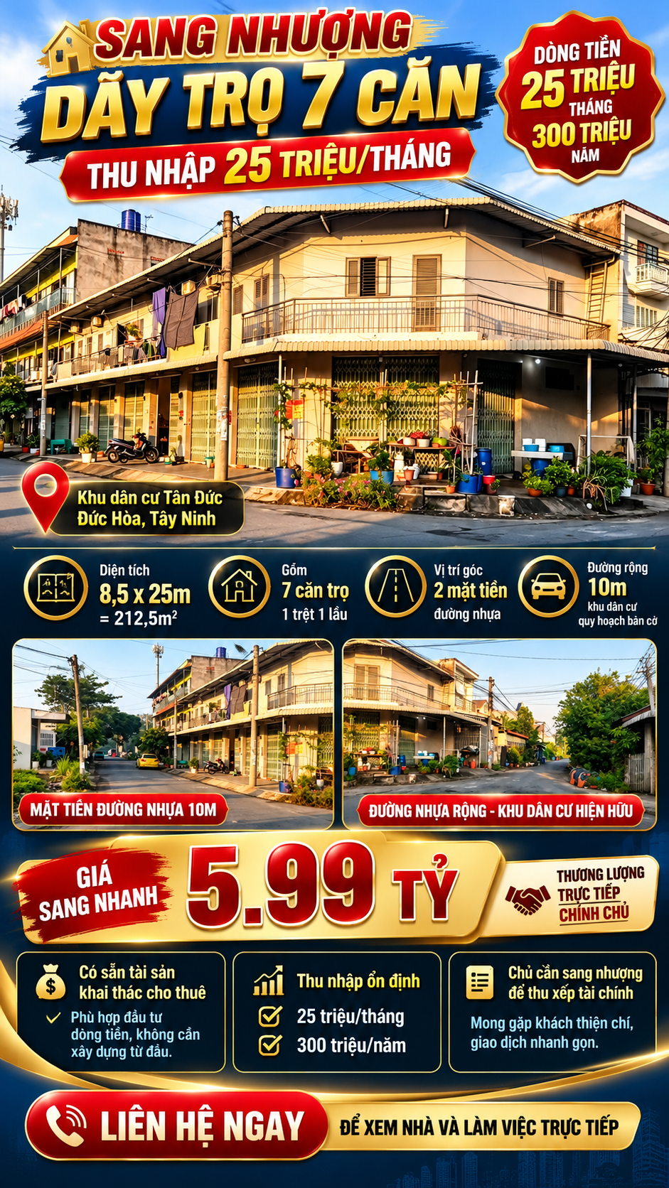 🔥 SANG NHƯỢNG GẤP DÃY TRỌ 7 CĂN – GÓC 2 MẶT TIỀN – DÒNG TIỀN 25 TRIỆU/THÁNG 🔥